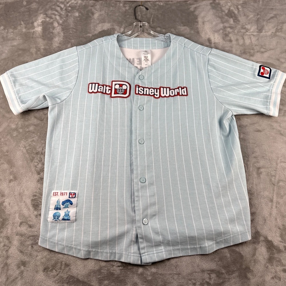 Disney Baseball Jersey Mens Large Pinstripe Blue Walt Disney World Est 71 EUC